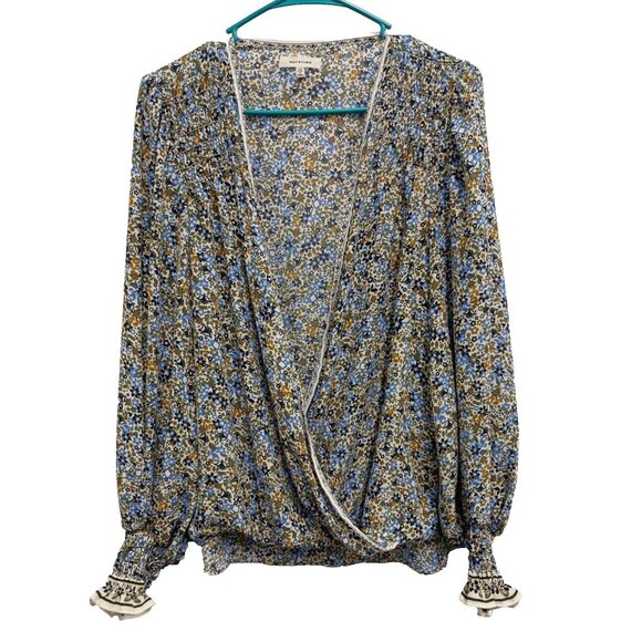 Max Studio Womens BOHO Cottagecore Blouse Top Medium Floral Smocked Faux Wrap - Picture 1 of 10